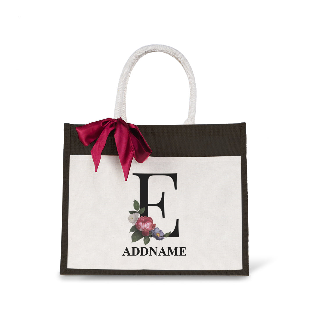 Myra Floral Series Black Jute Bag with Front Pocket