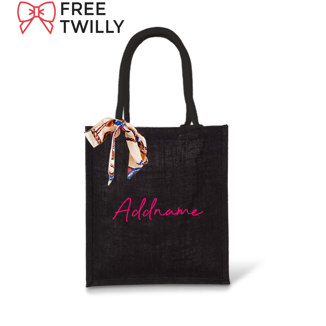 Black Full Colour Jute Bag with Florence Pink Personalization