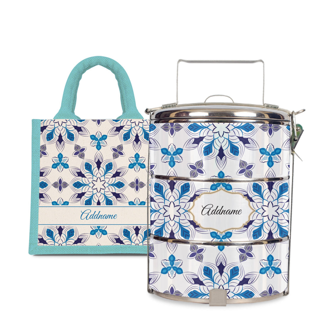 Moroccan Series - Arabesque Frost - Lunch Tote Bag with Three-Tier Tiffin Carrier