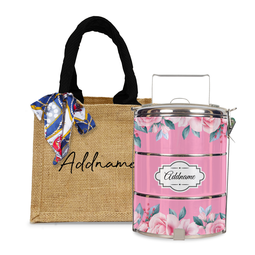 Full Pink Rose Tiffin Carrier