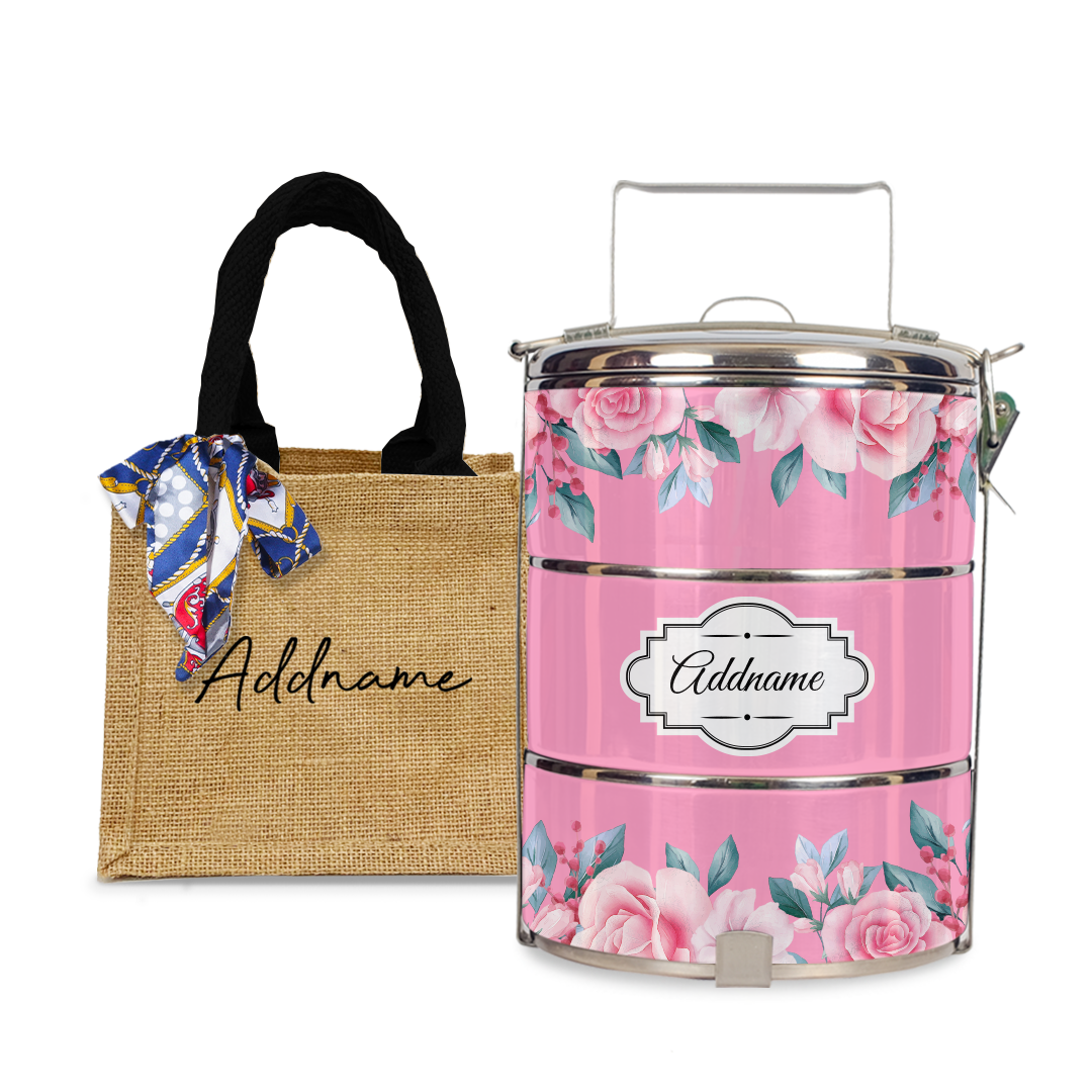 Full Pink Rose Tiffin Carrier