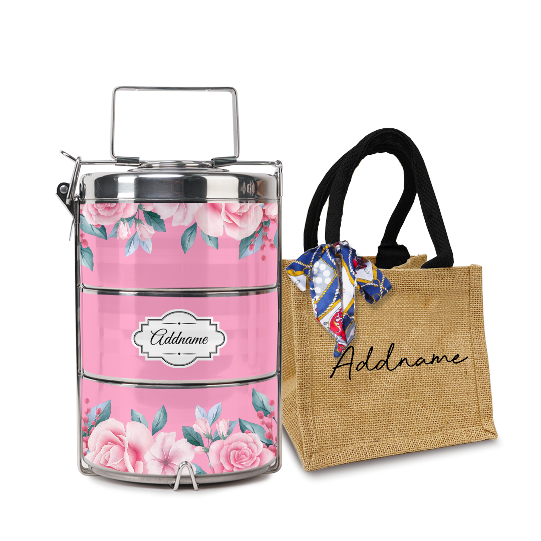 Full Pink Rose Tiffin Carrier