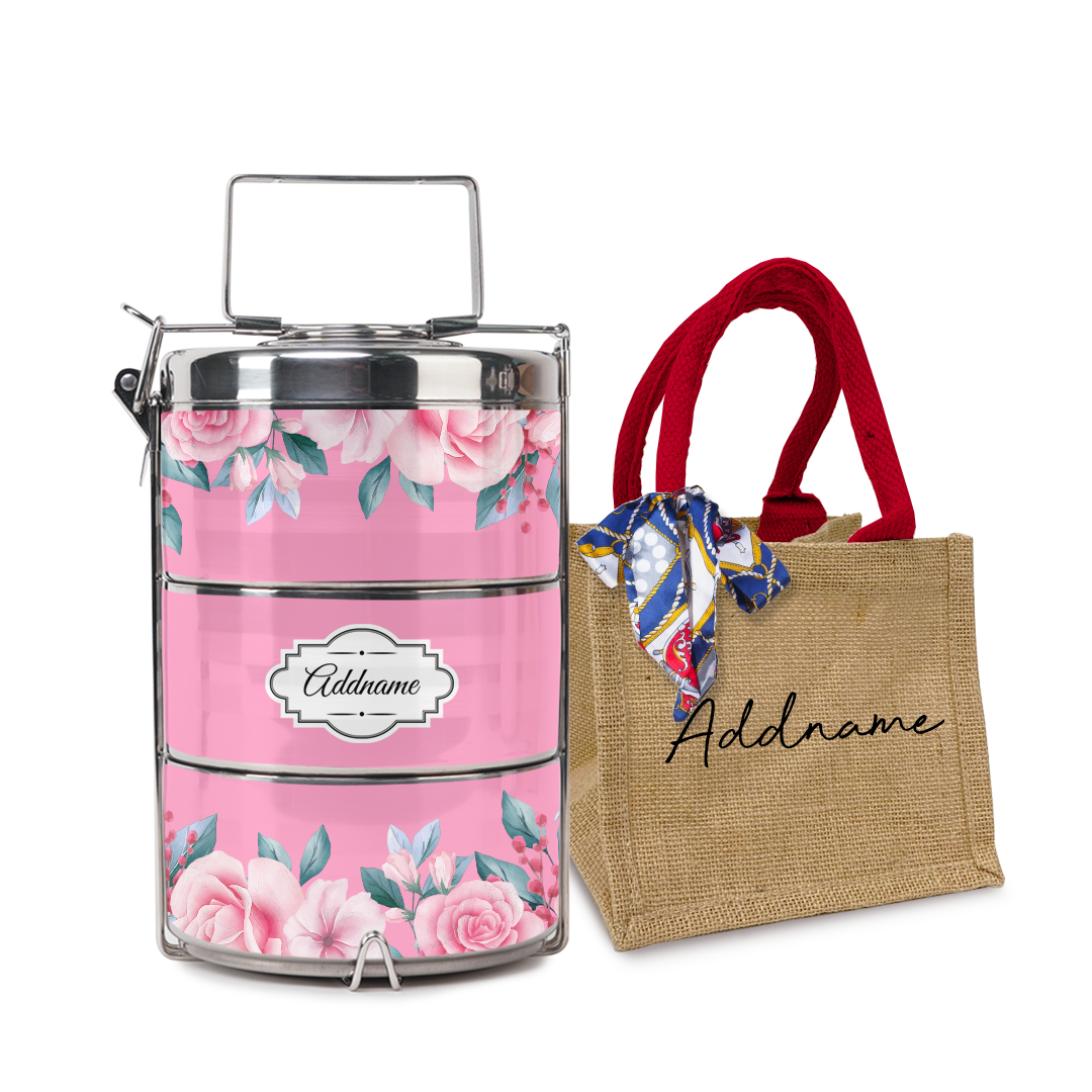 Full Pink Rose Tiffin Carrier