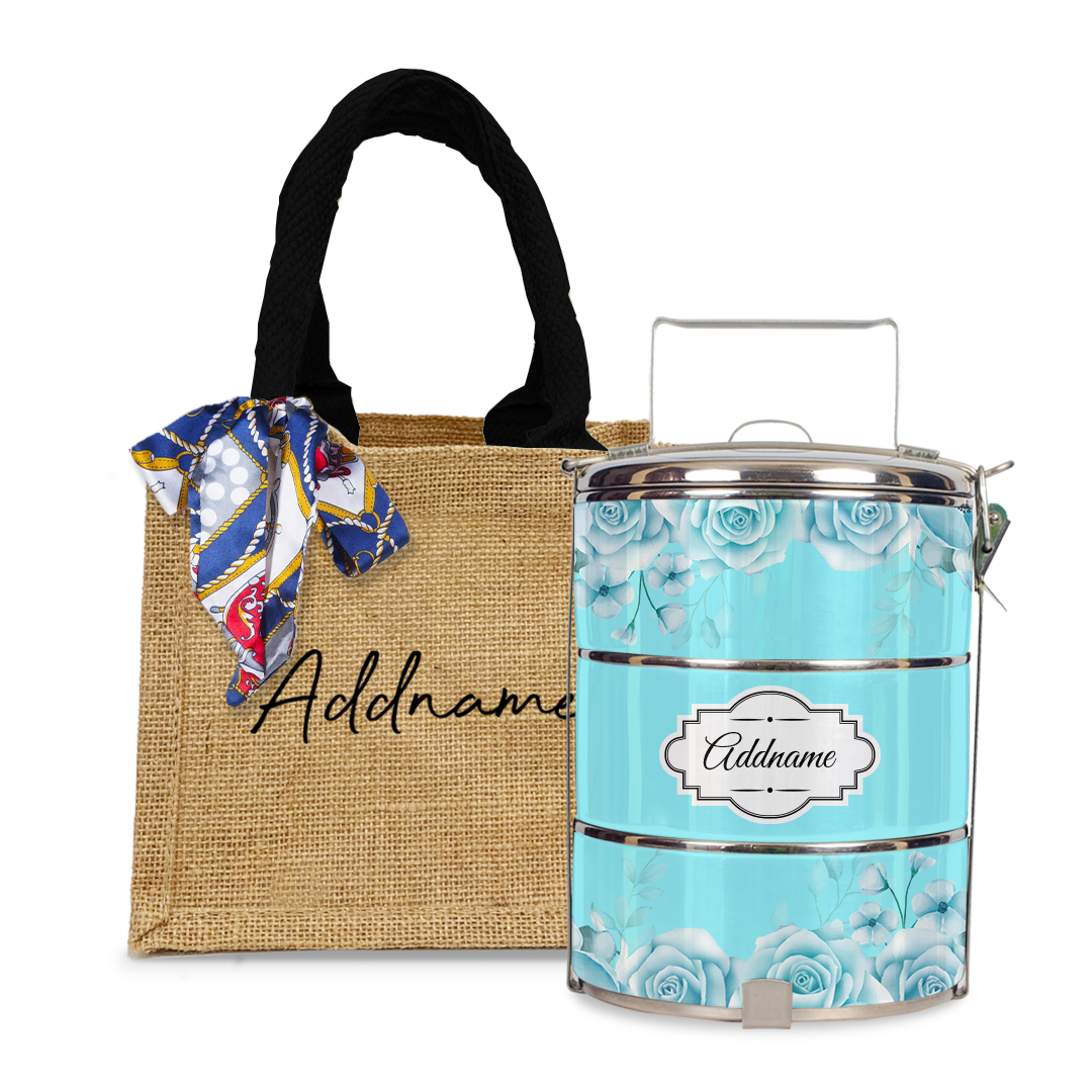 Full Turquoise Rose Tiffin Carrier