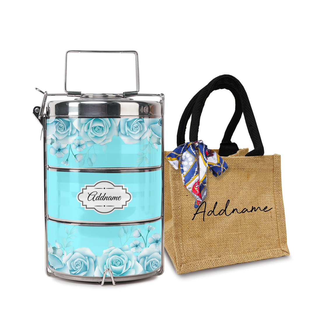 Full Turquoise Rose Tiffin Carrier
