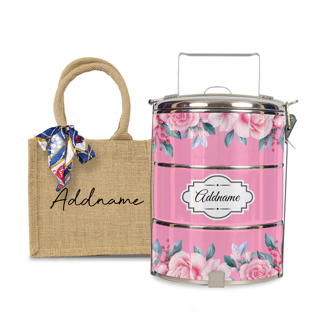 Full Pink Rose Tiffin Carrier
