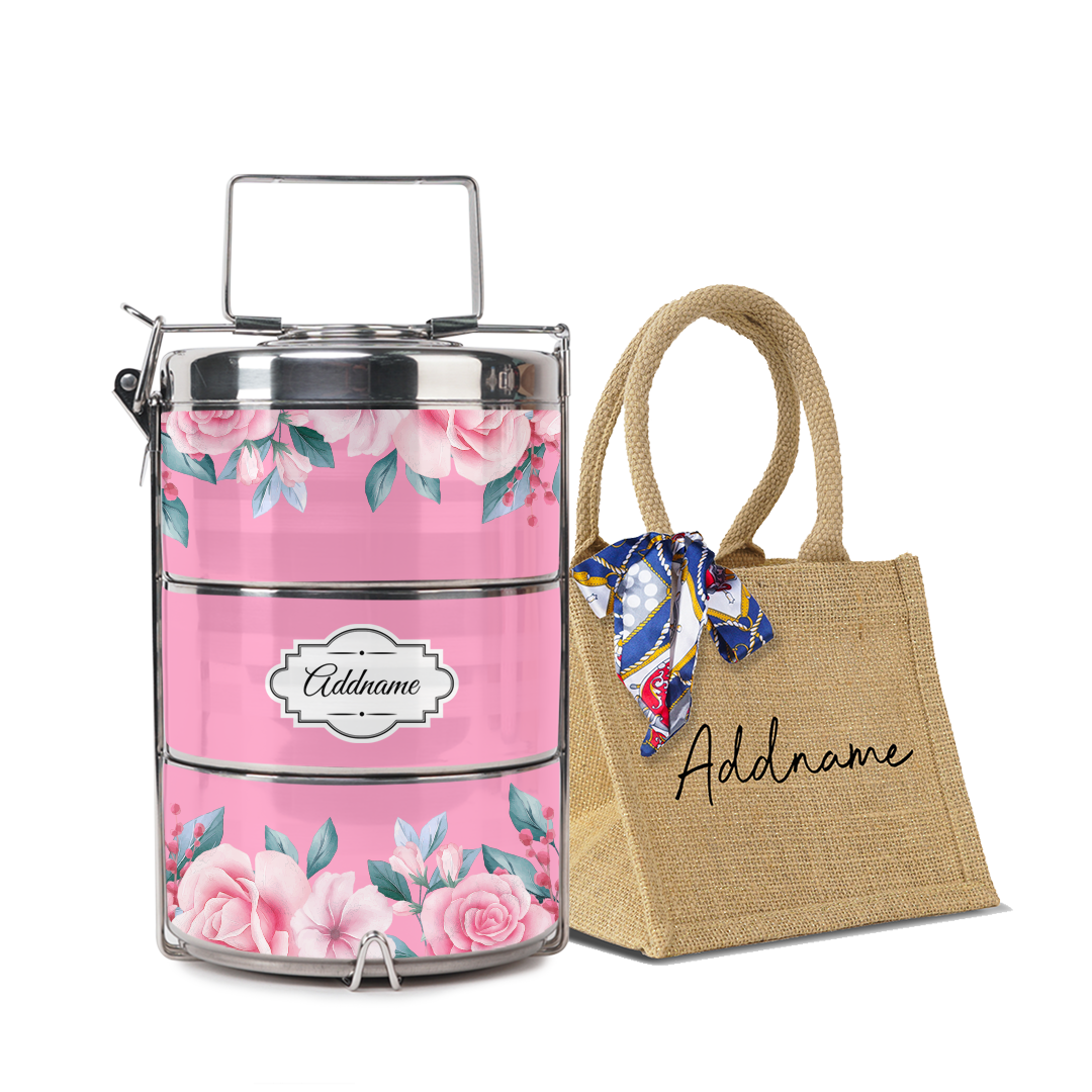 Full Pink Rose Tiffin Carrier