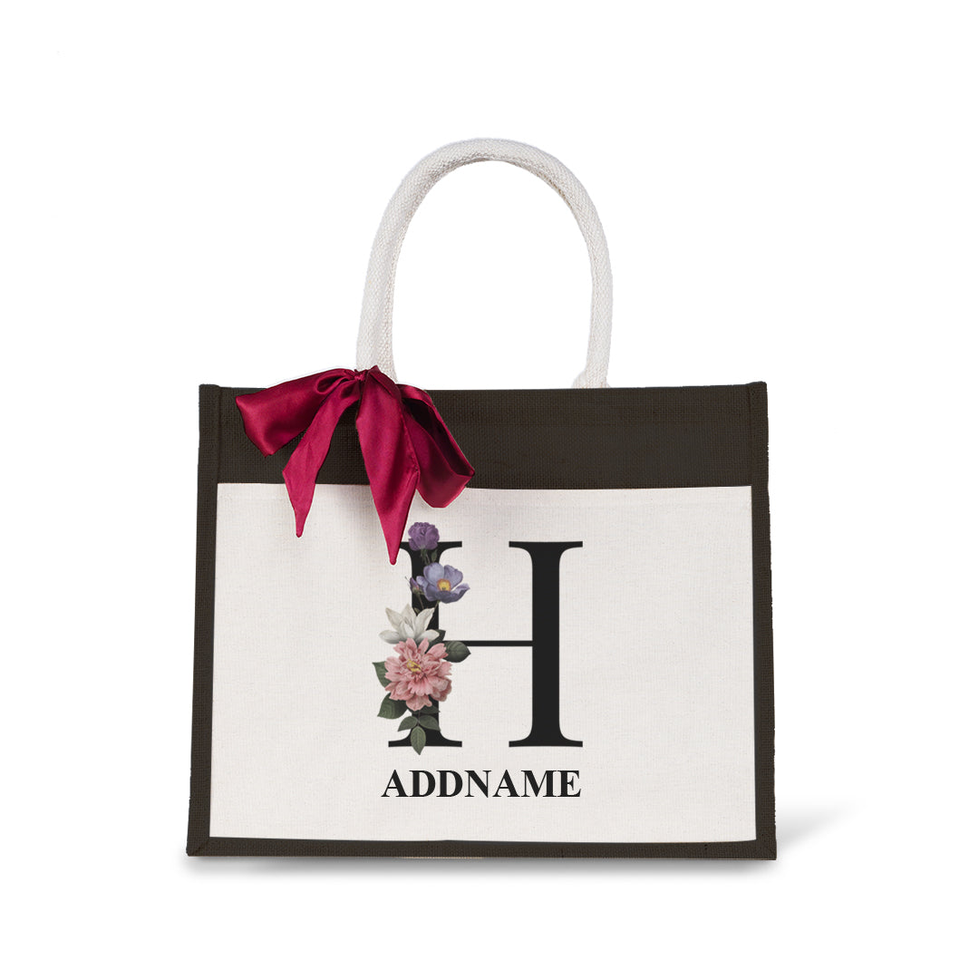 Myra Floral Series Black Jute Bag with Front Pocket