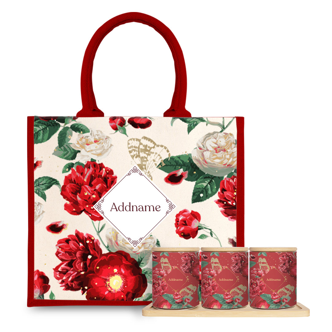 Royal Floral Series Scorching Passion - Red Half Lining Jute Bag And Canister Set