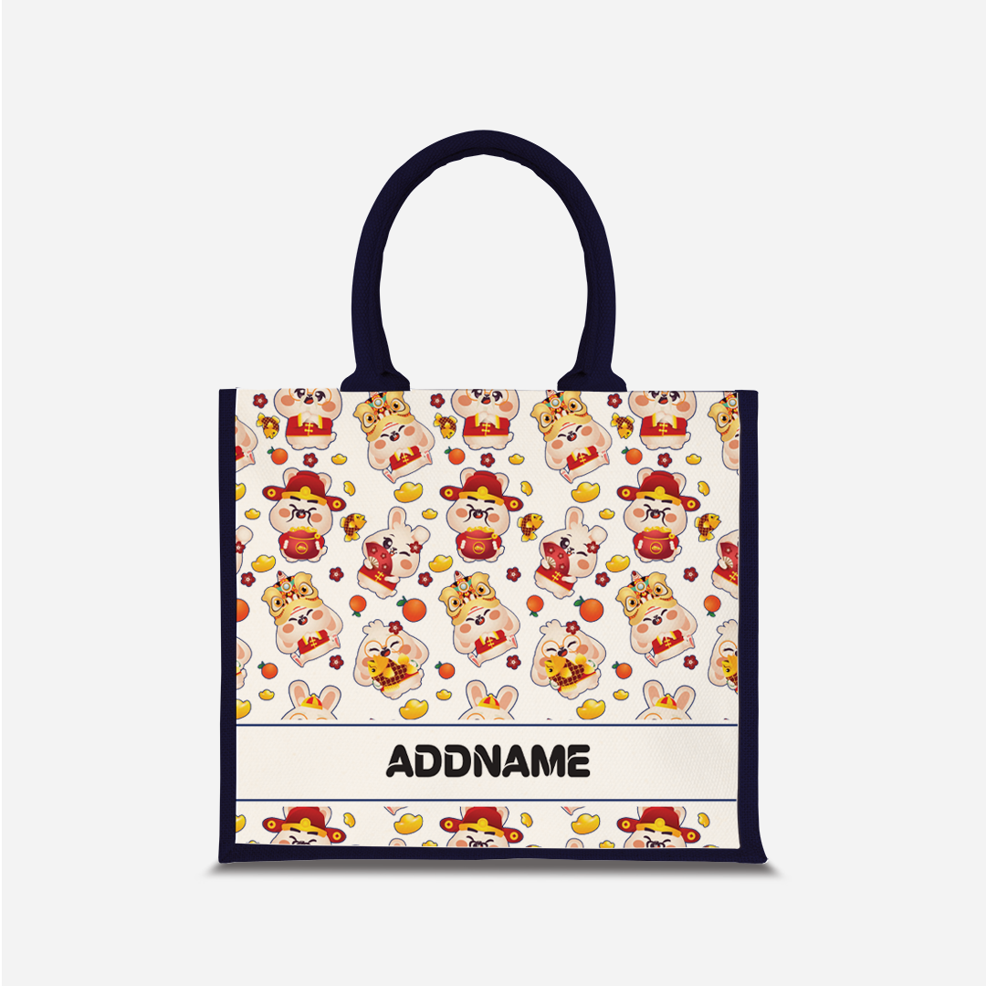 Cny Rabbit Family - Navy Jute Bag
