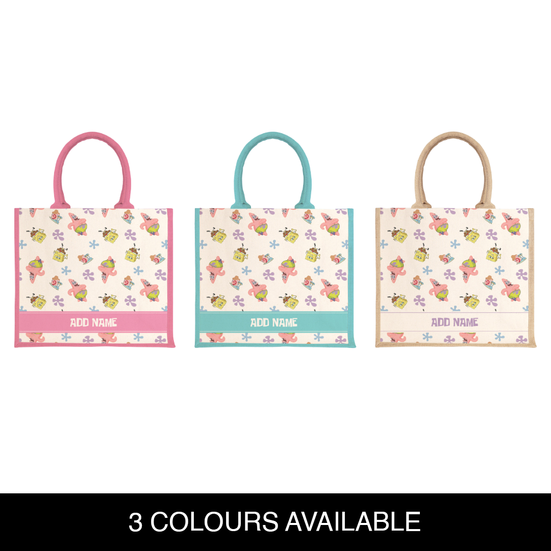 SpongeBob - Happy Walking Pattern Personalized Half Lining Jute Bag