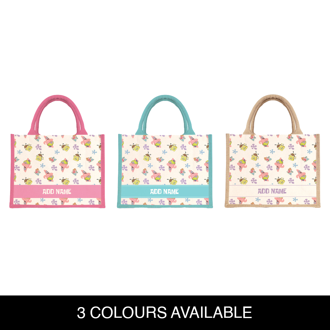 SpongeBob - Happy Walking Pattern Personalized Half Lining Small Jute Bag