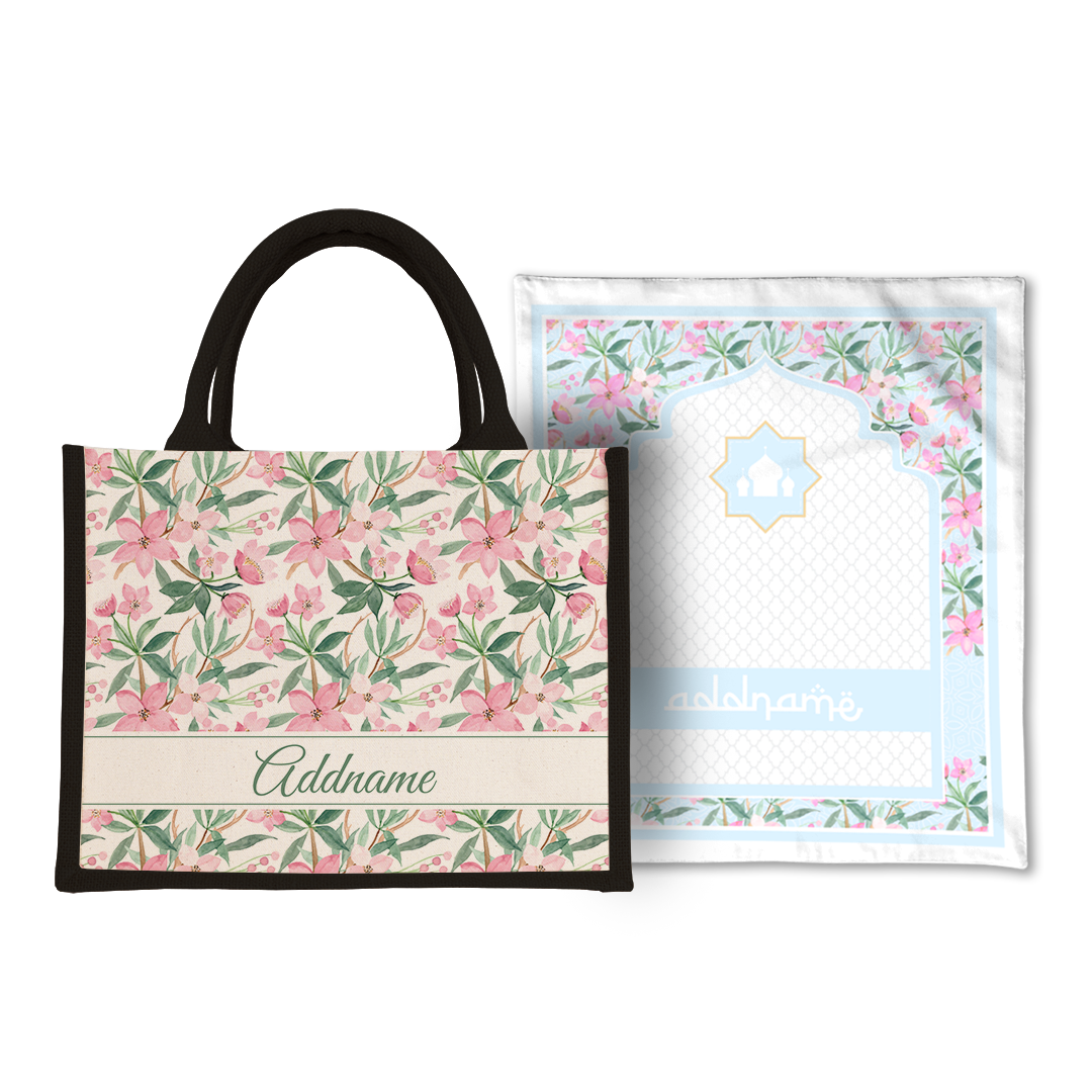 Blossom  Sejadah Prayer Mat with Half Lining Small Jute Bag Bundle