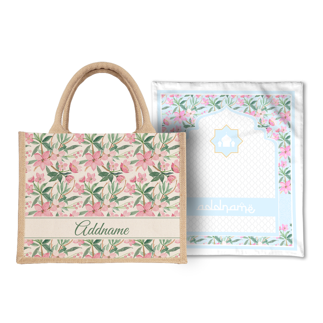 Blossom  Sejadah Prayer Mat with Half Lining Small Jute Bag Bundle
