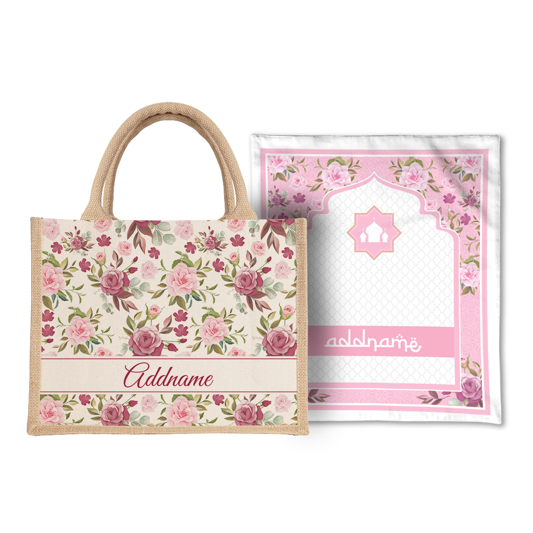 Ruby  Sejadah Prayer Mat with Half Lining Small Jute Bag Bundle