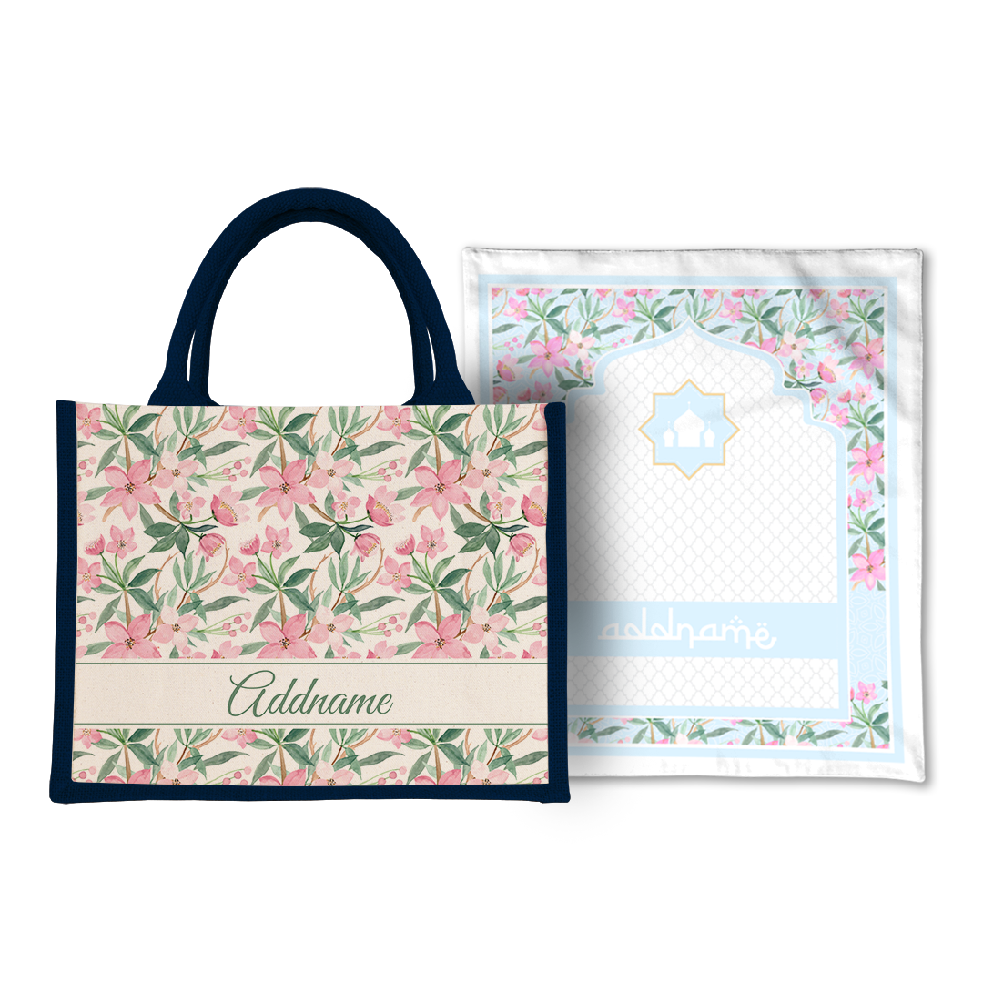 Blossom  Sejadah Prayer Mat with Half Lining Small Jute Bag Bundle