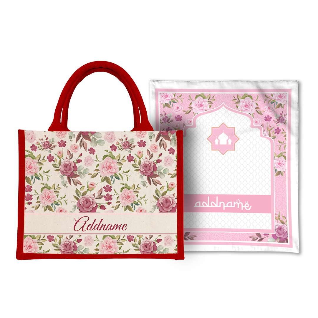 Ruby  Sejadah Prayer Mat with Half Lining Small Jute Bag Bundle