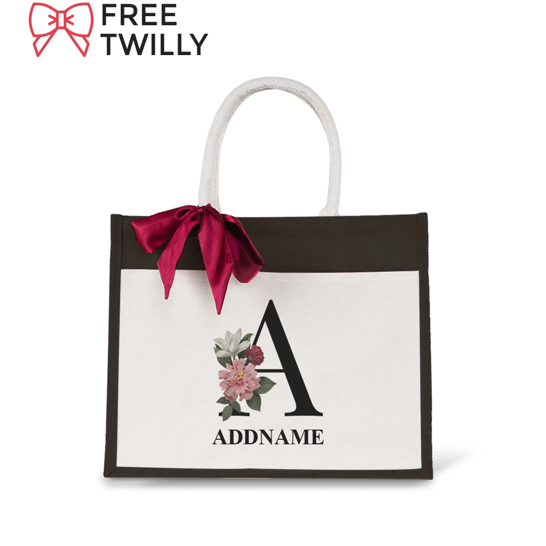 Myra Floral Series Black Jute Bag with Front Pocket