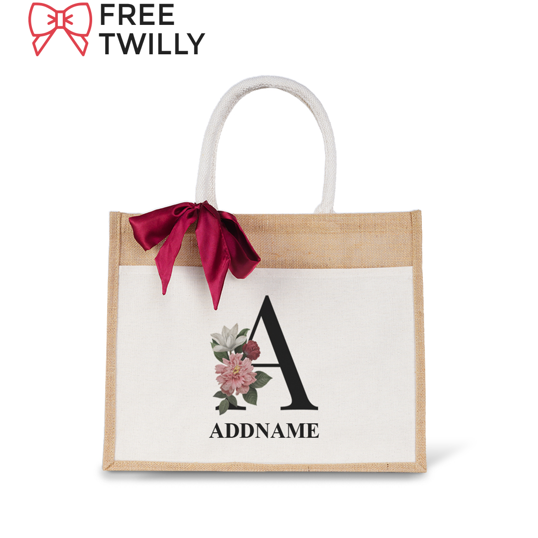 Myra Floral Series Natural Jute Bag with Front Pocket