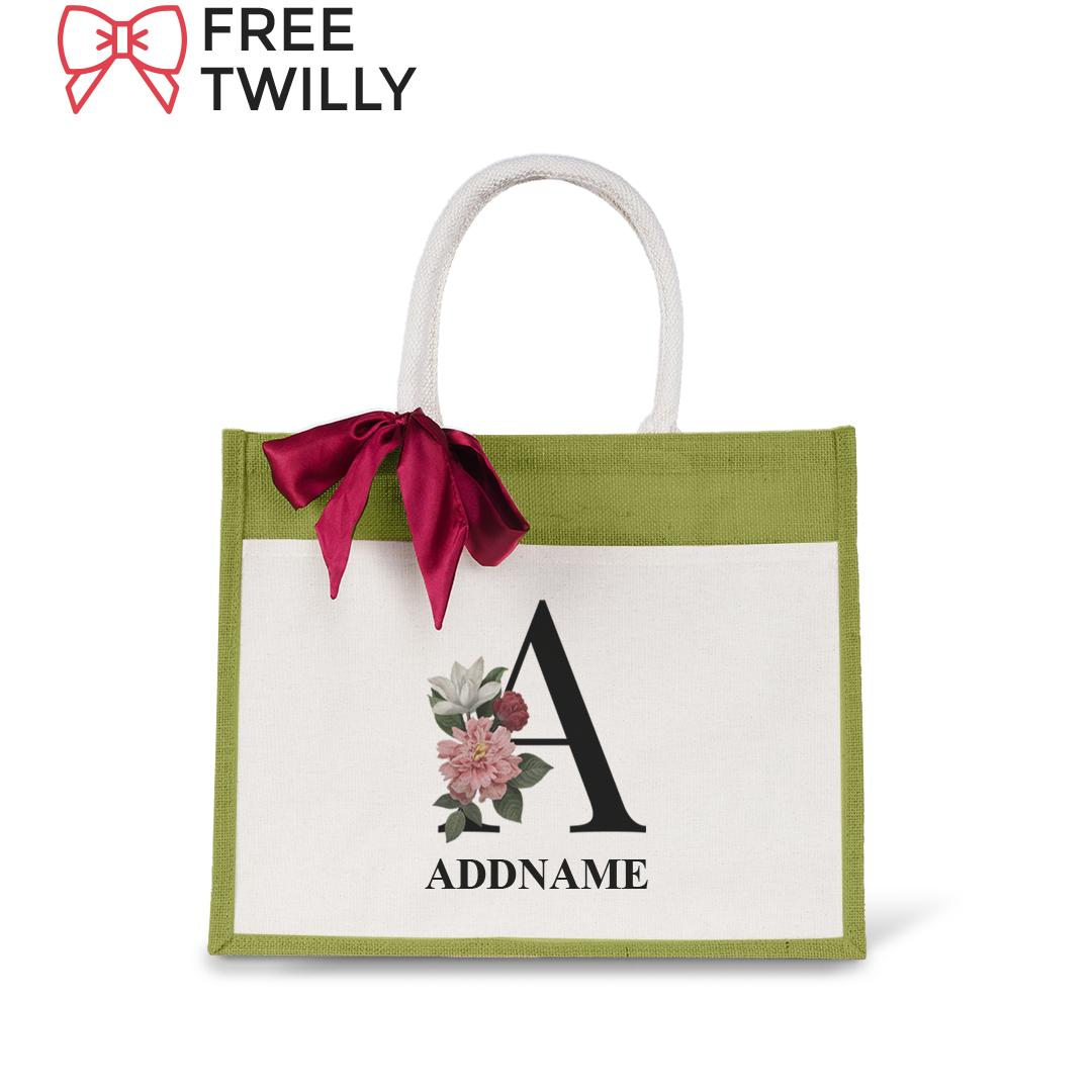 Myra Floral Series Olive Green Jute Bag with Front Pocket