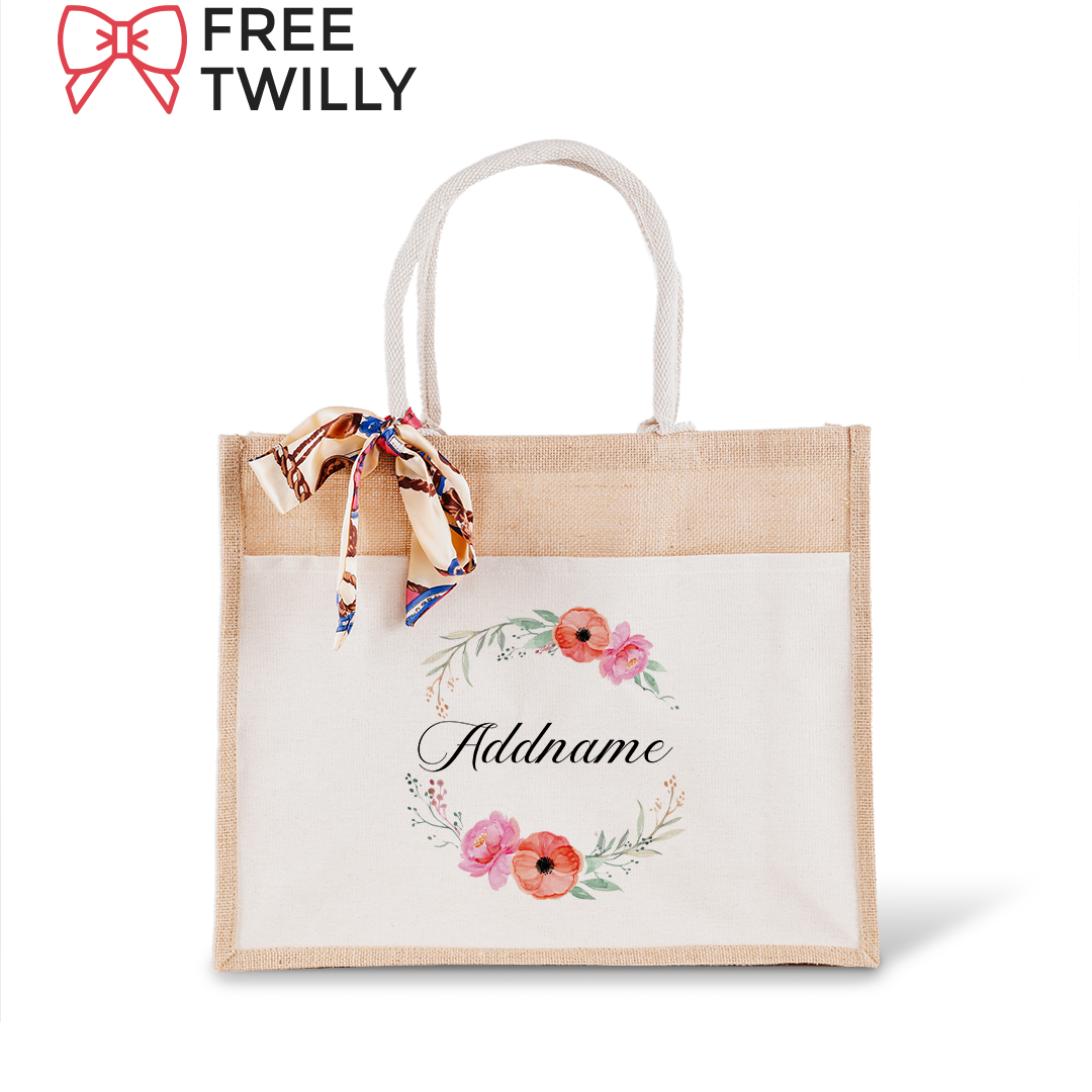 Elegant Flower Wreath Jute Bag with Front Pocket