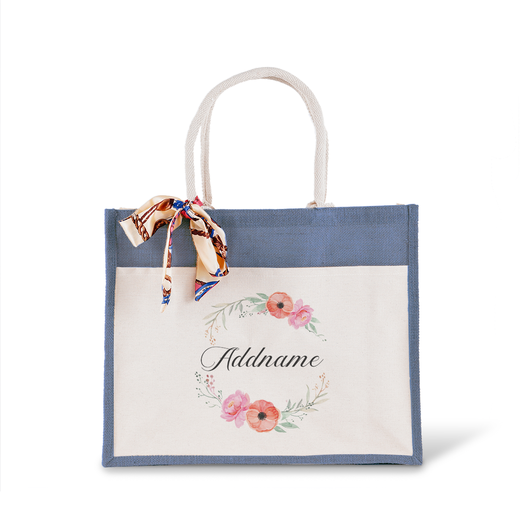 Elegant Flower Wreath Jute Bag with Front Pocket