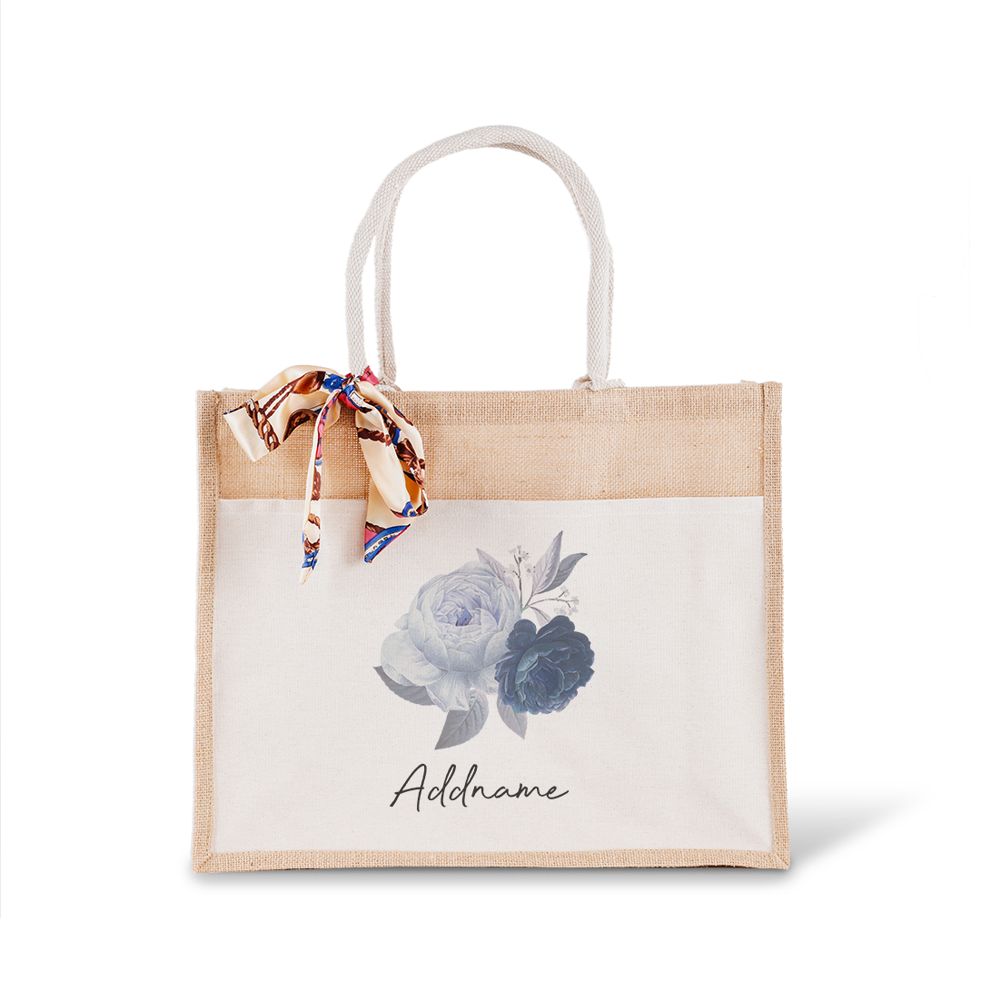 Blue Rose With Jute Bag with Front Pocket