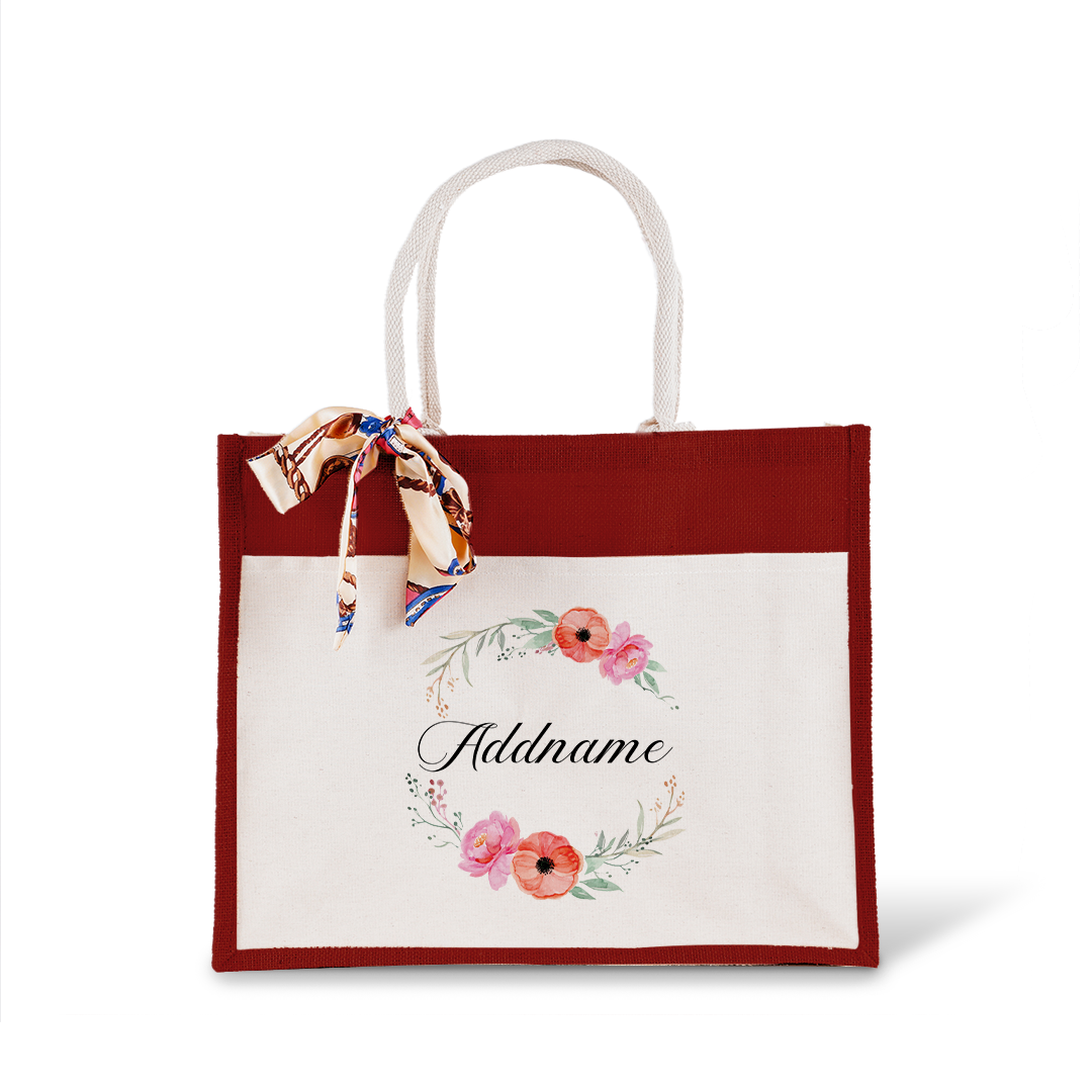 Elegant Flower Wreath Jute Bag with Front Pocket