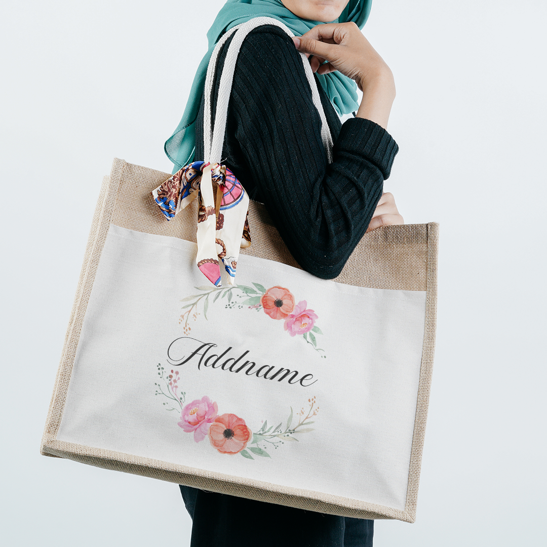 Elegant Flower Wreath Jute Bag with Front Pocket