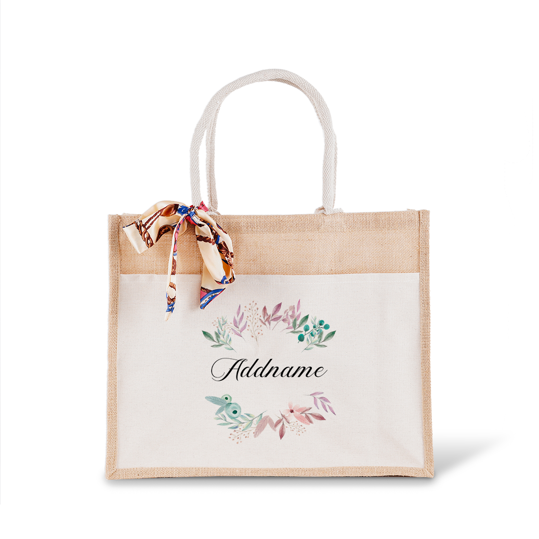 Flower Wreath With Leaves Jute Bag with Front Pocket