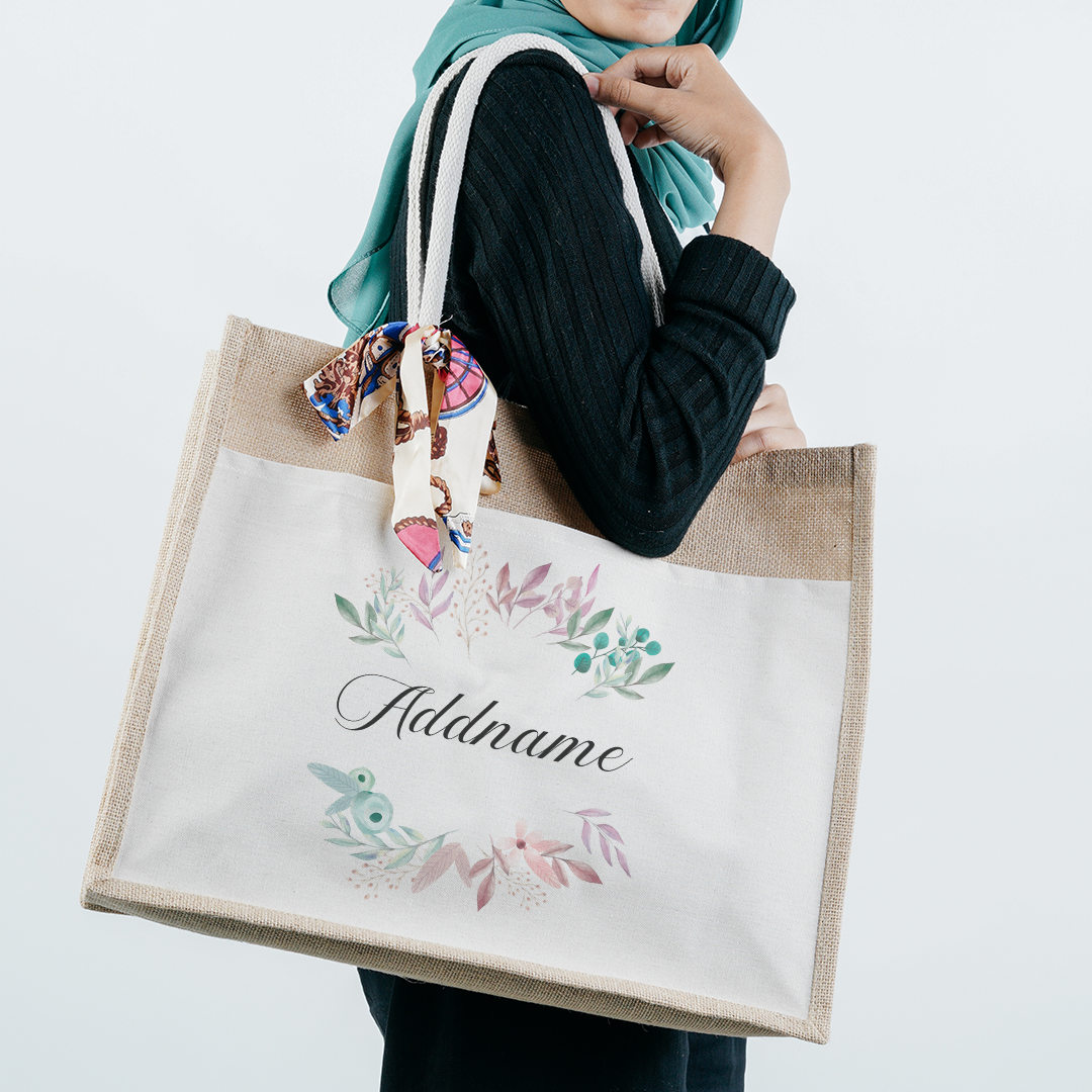 Flower Wreath With Leaves Jute Bag with Front Pocket