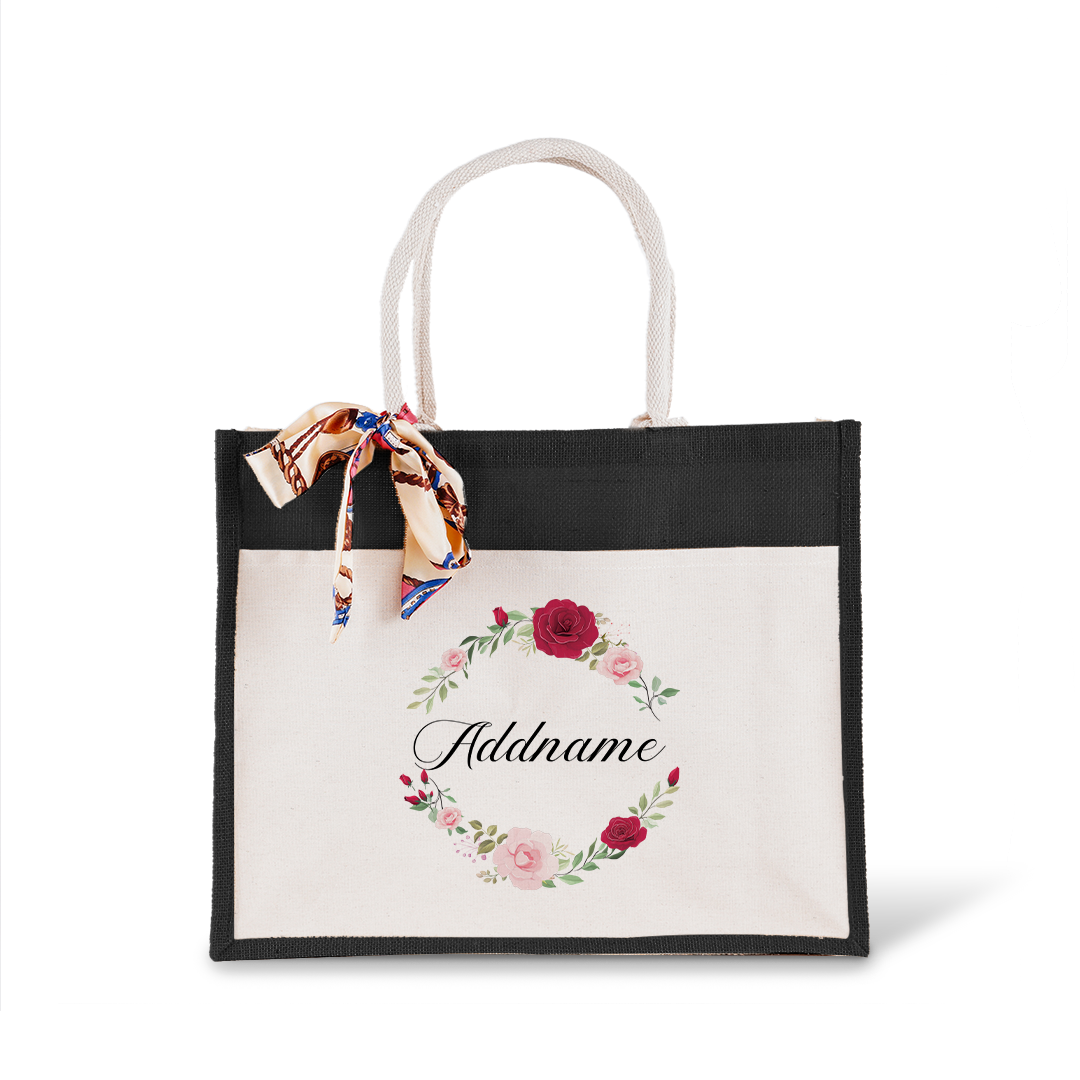 Luxurious Flower Wreath Jute Bag with Front Pocket