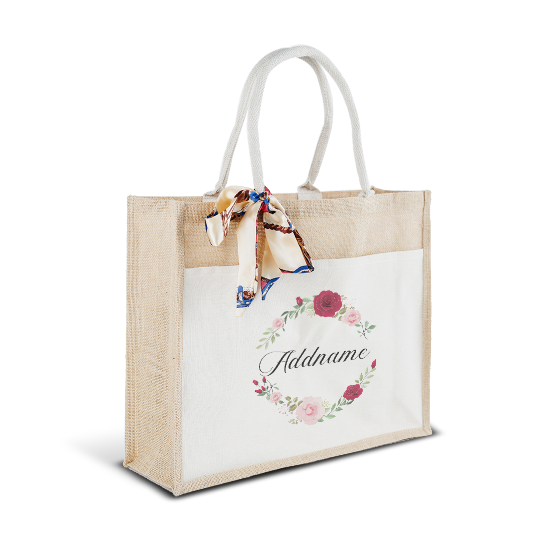 Luxurious Flower Wreath Jute Bag with Front Pocket