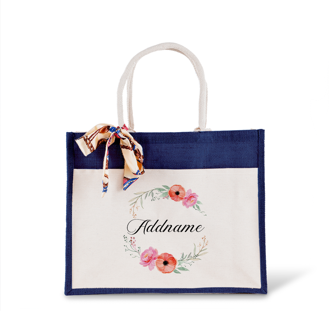 Elegant Flower Wreath Jute Bag with Front Pocket