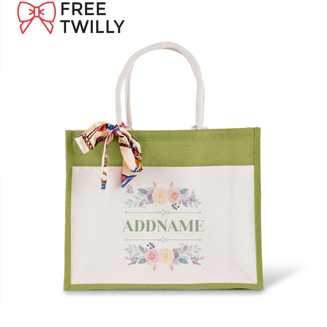 Le Fleur Series Raffinée Olive Green Jute Bag with Front Pocket