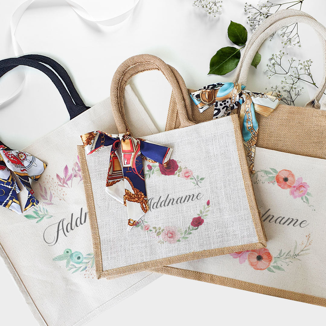 Elegant Flower Wreath Jute Bag with Front Pocket