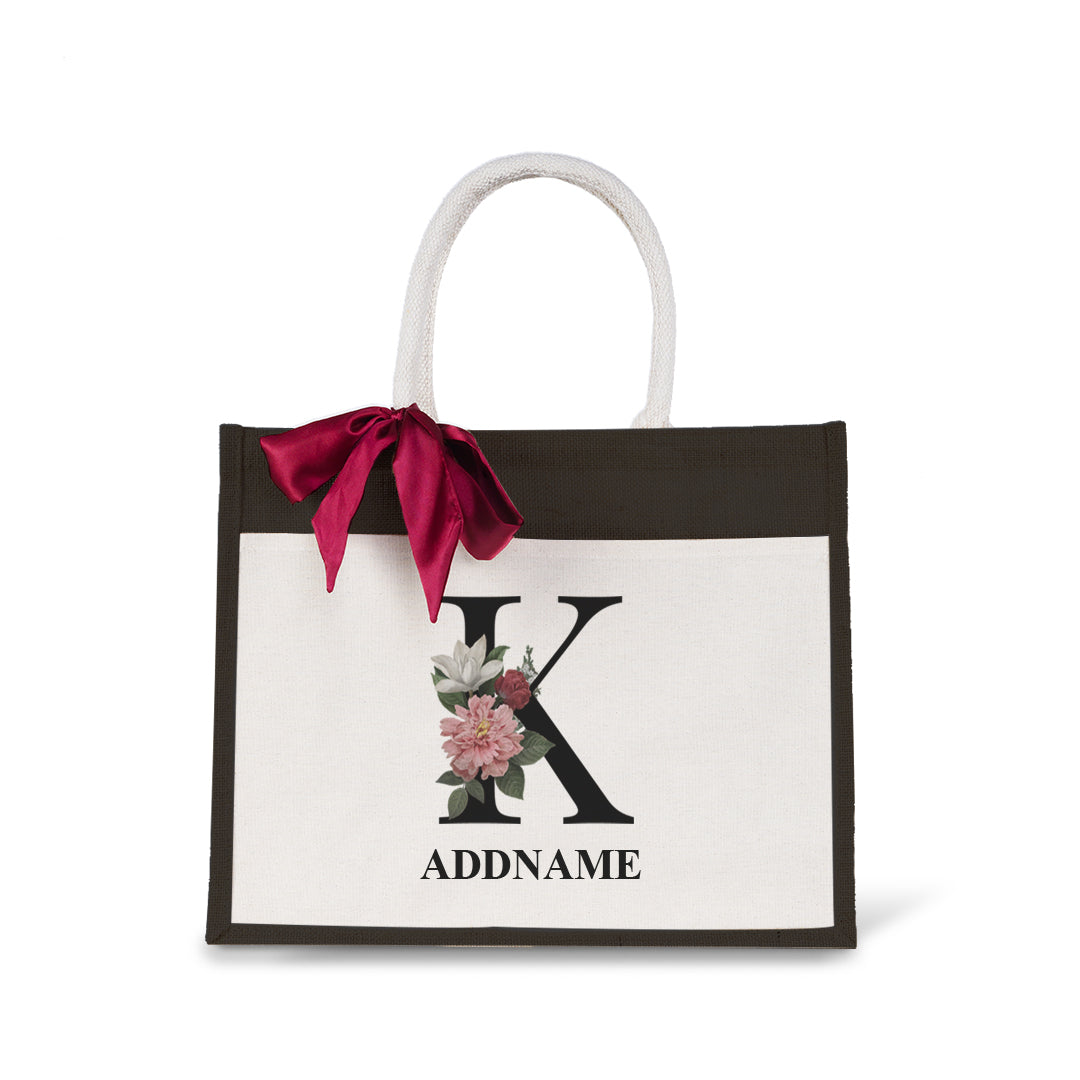 Myra Floral Series Black Jute Bag with Front Pocket