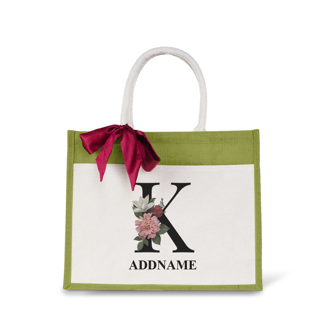 Myra Floral Series Olive Green Jute Bag with Front Pocket