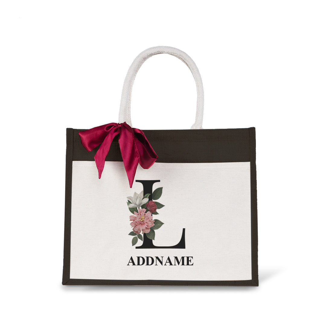 Myra Floral Series Black Jute Bag with Front Pocket