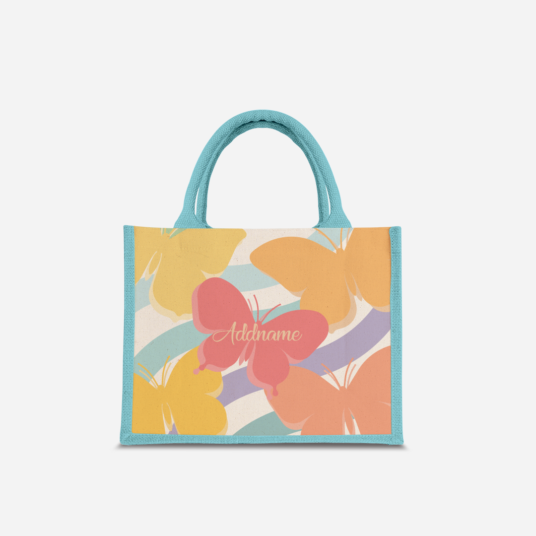 Butterfly Series Half Lining Small Jute Bag - Yellow Light Blue