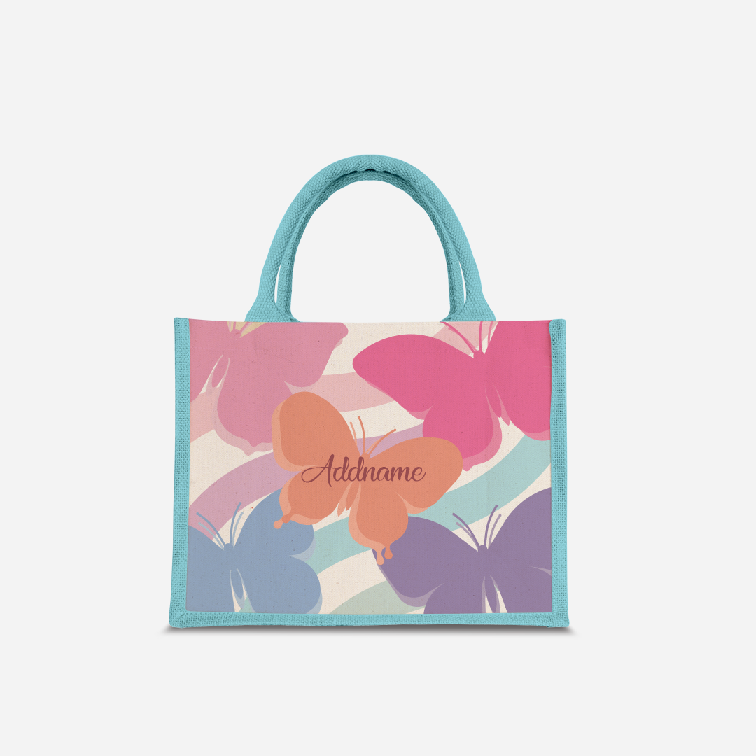 Butterfly Series Half Lining Small Jute Bag - Pink Light Blue