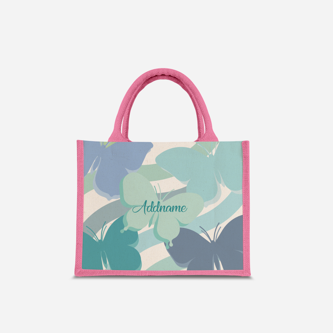 Butterfly Series Half Lining Small Jute Bag - Blue Light Pink