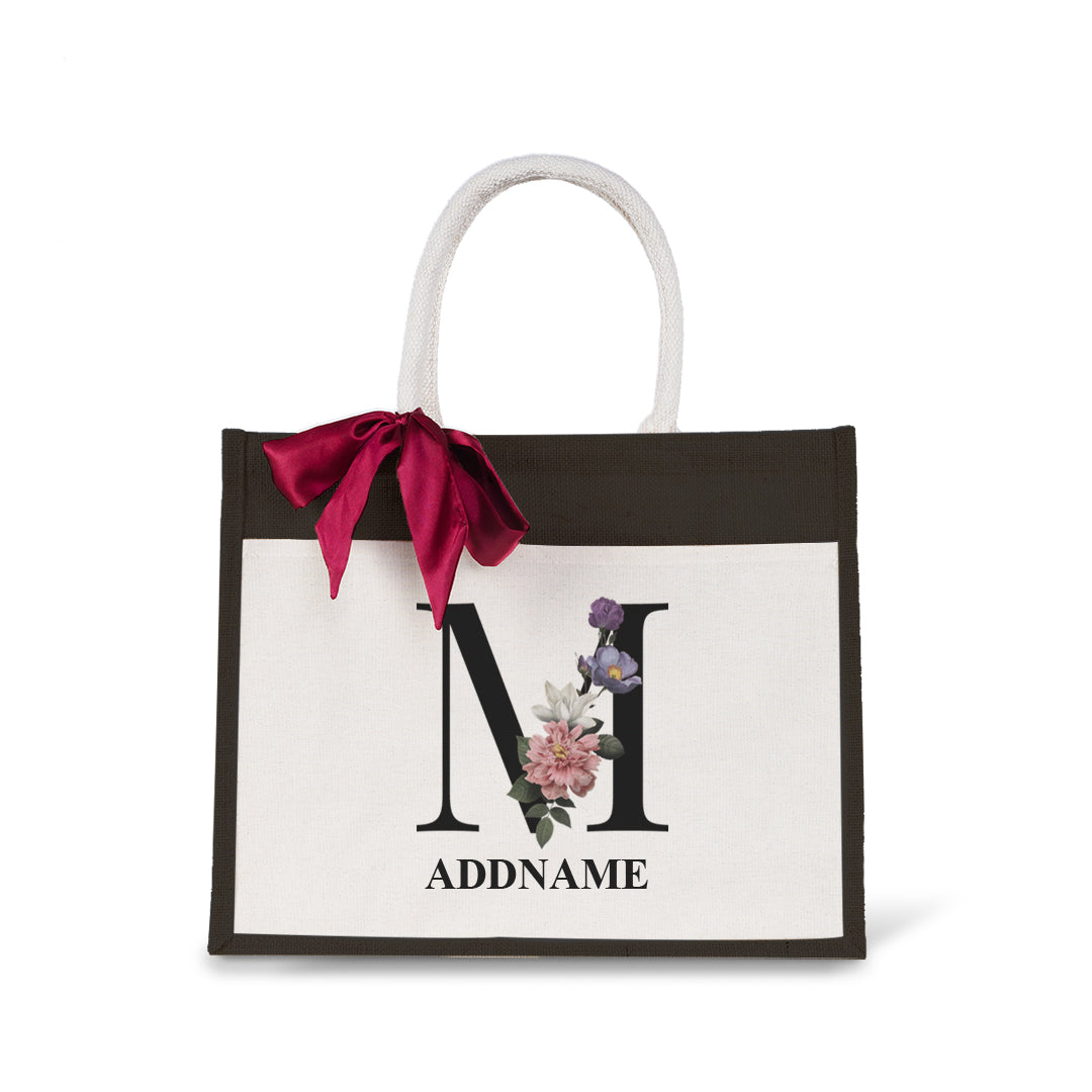 Myra Floral Series Black Jute Bag with Front Pocket