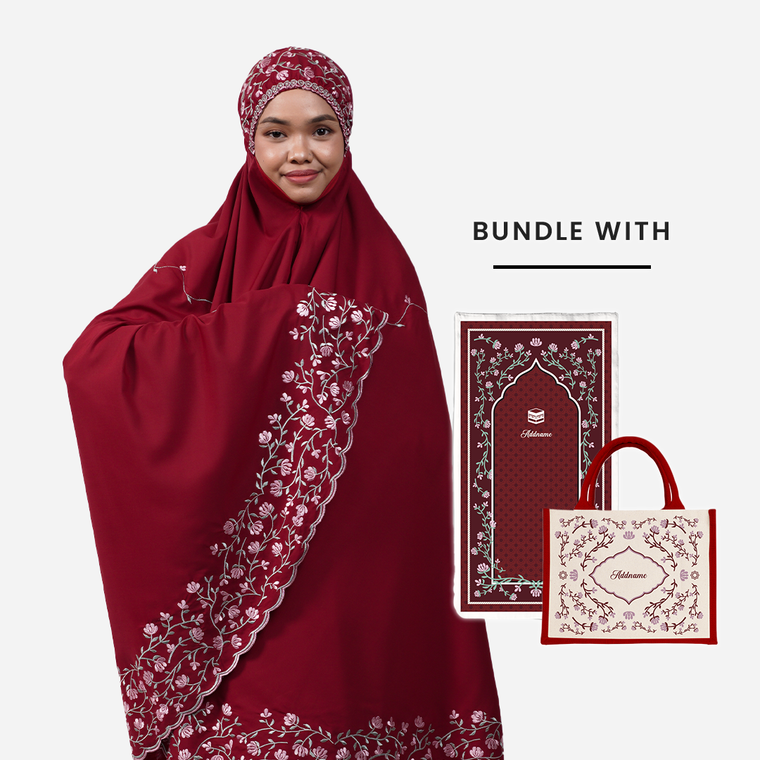 Dang Anum Series - Ancient Maroon Telekung with Prayer Mat and Half Lining Small Jute Bag