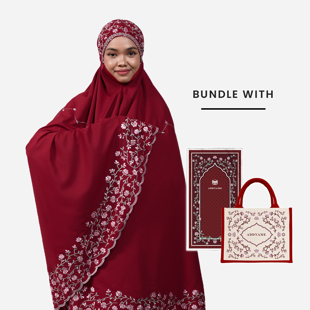 Dang Anum Series - Ancient Maroon Telekung with Prayer Mat and Half Lining Small Jute Bag