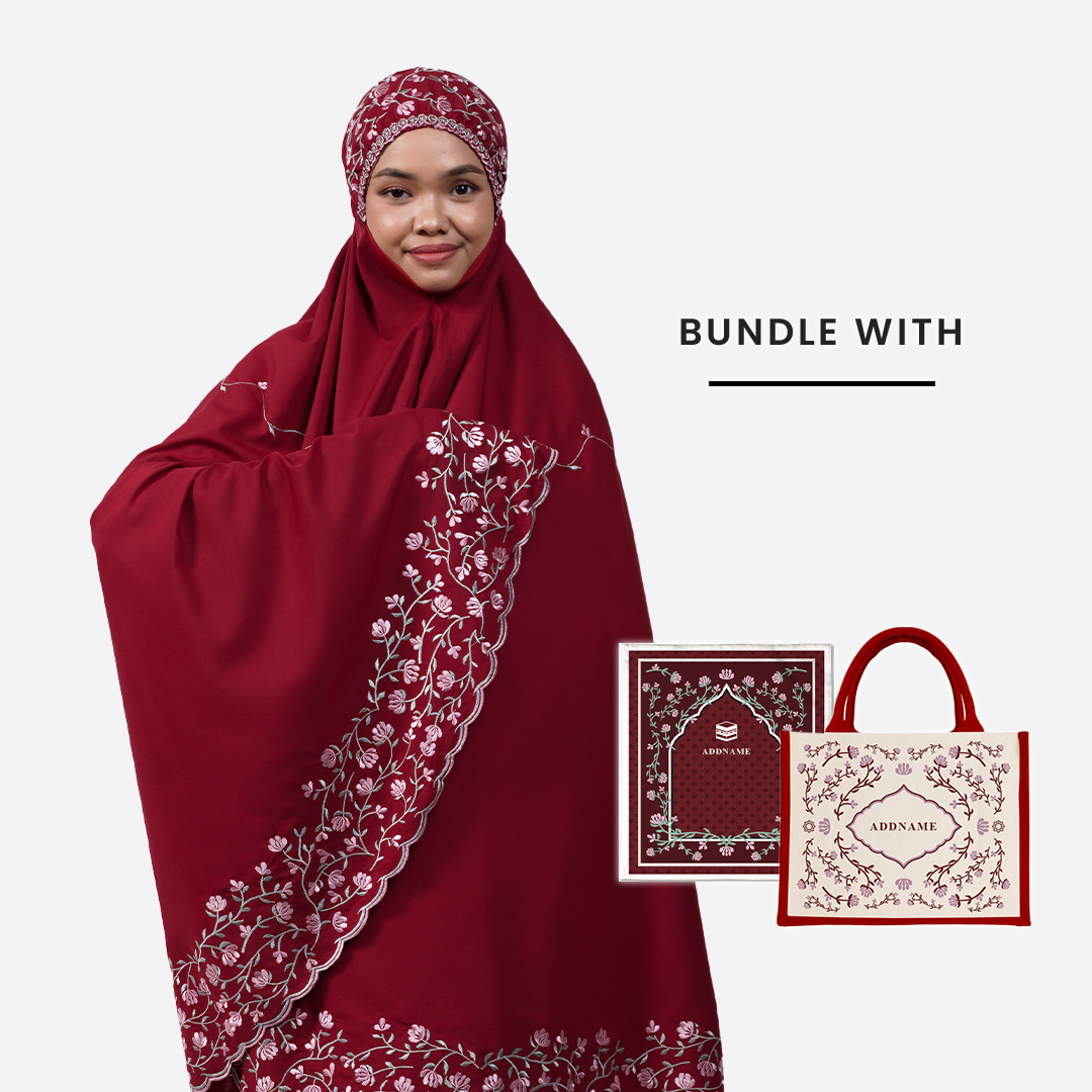 Dang Anum Series - Ancient Maroon Telekung with Prayer Mat and Half Lining Small Jute Bag