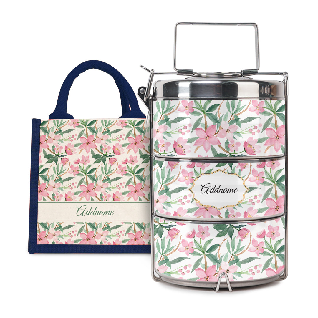 Laura Series - Blossom  - Lunch Tote Bag with Three-Tier Tiffin Carrier