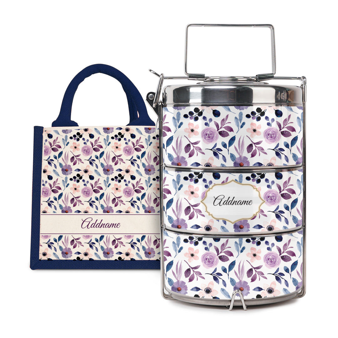 Laura Series - Violet - Lunch Tote Bag with Three-Tier Tiffin Carrier