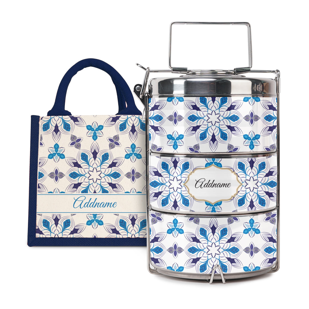 Moroccan Series - Arabesque Frost - Lunch Tote Bag with Three-Tier Tiffin Carrier