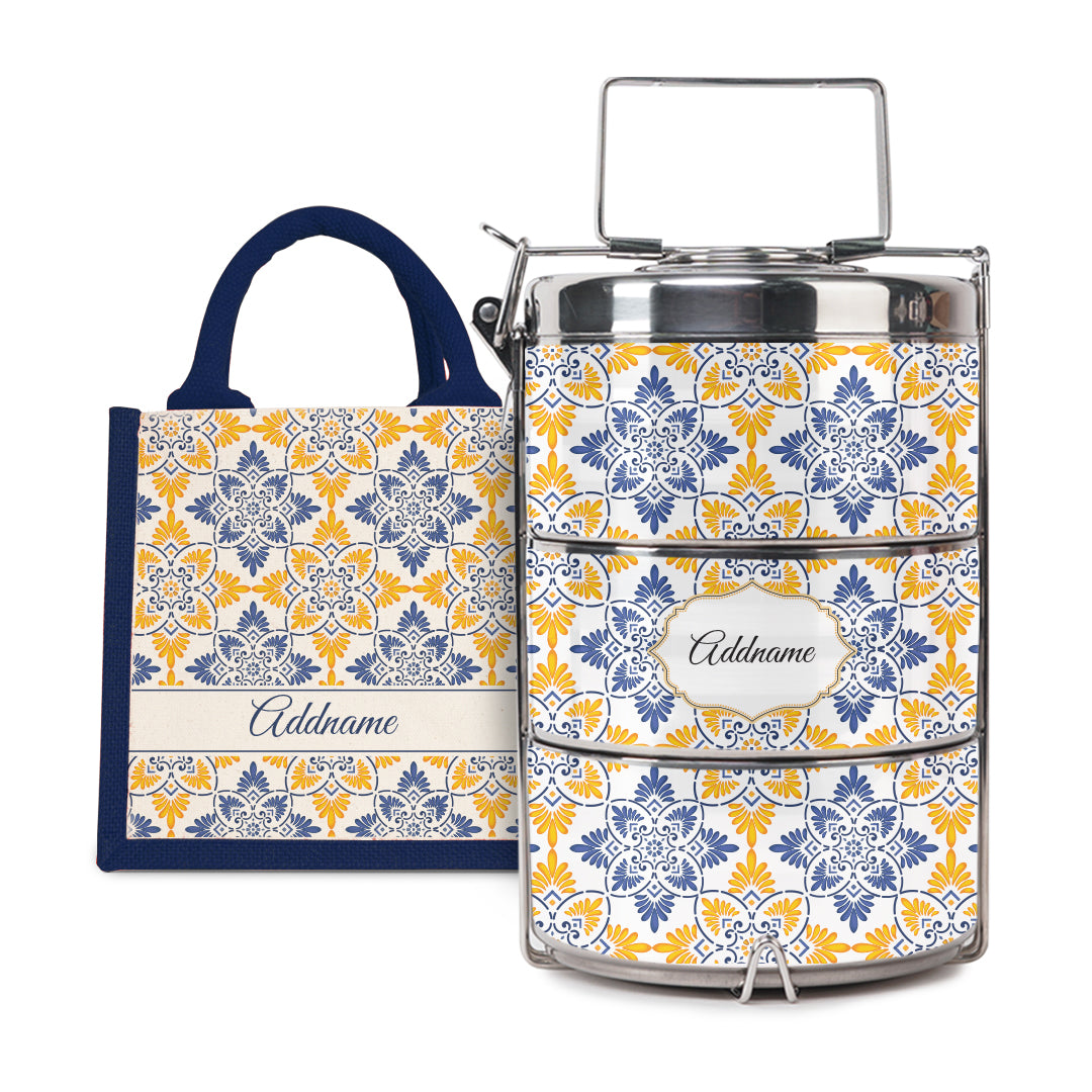 Moroccan Series - Arabesque Butter Blue  - Lunch Tote Bag with Three-Tier Tiffin Carrier